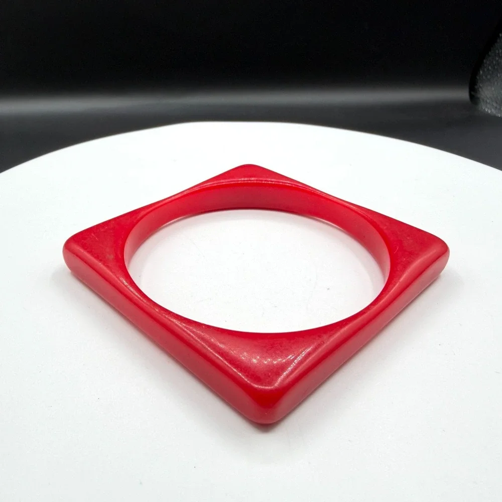 Red Geometric Square Lucite Bangle Bracelet Chunky Statement Retro Boho Gift